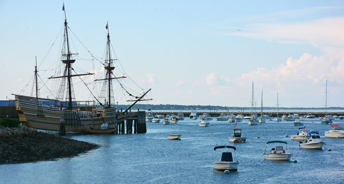 Mayflower and the Plymouth Beach viewed from the Plymouth Rock. Photograph by Dr. Jacob Mathew, Malankara World