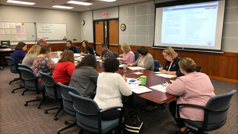 Educational administrators and teachers in a strategic planning meeting